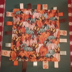 Fall pumpkins corn handcrafted sensory taggy taggie  minky material ribbon tag